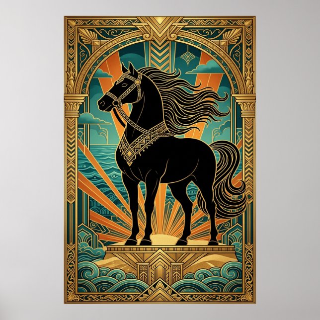 Póster Estatua de caballo negro Art Deco con ráfaga de so (Frente)