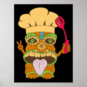 Póster Estatua de Chef Tiki con Espátula, Negro Divertido