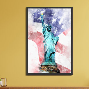 Póster Estatua de la Libertad con bandera acuarela