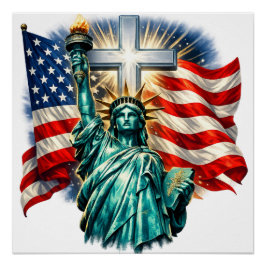 Póster Estatua de la Libertad con banderas y cruz