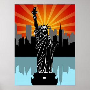 Póster Estatua de la libertad con el horizonte de Nueva