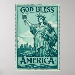 Póster Estatua de la Libertad - Dios Bendiga a América