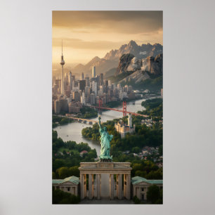 Póster Estatua de la Libertad y fantasia de monumentos gl