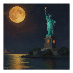 Póster Estatua de la Libertad y Luna Llena