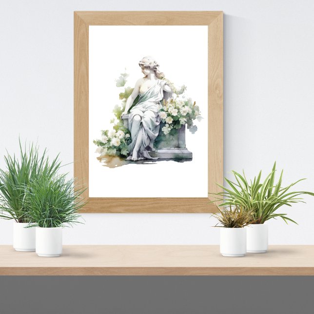 Póster Estatua de la mujer en la flor blanca de acuarela  (Female Goddess Statue in Garden White Floral Watercolor Print)