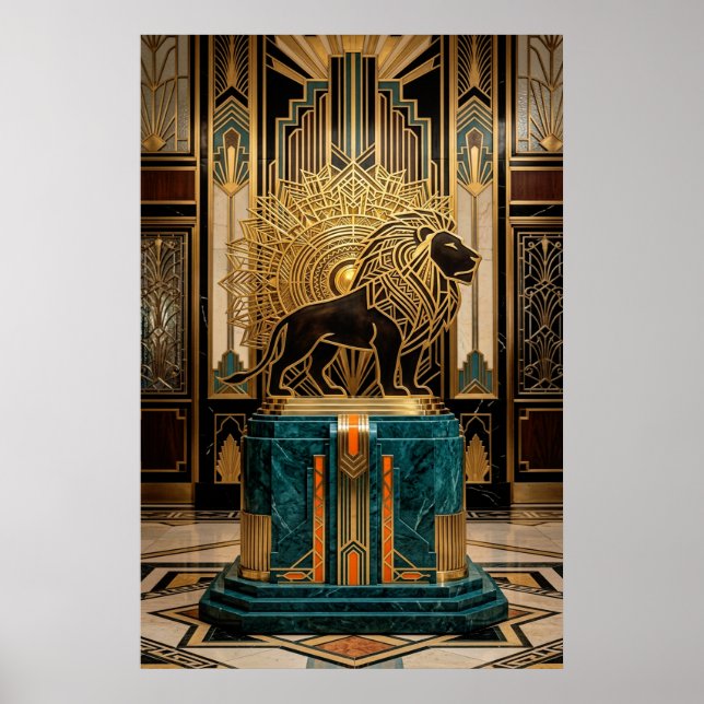 Póster Estatua de león Art Déco real con hoja de oro (Frente)