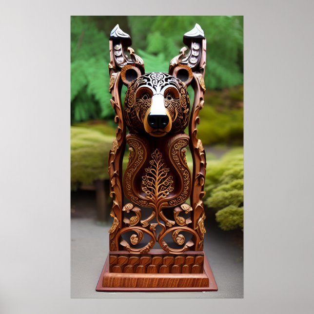 Póster Estatua de oso curvo de madera (Frente)
