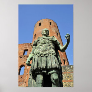 Póster Estatua de romano frente o ruinas antiguas