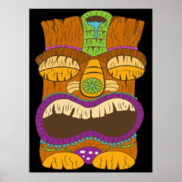 Póster Estatua Tiki de madera con boca abierta, negro gra