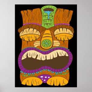Póster Estatua Tiki de madera con boca abierta, negro gra