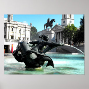 Póster Estatua y fuente en la Plaza Trafalgar