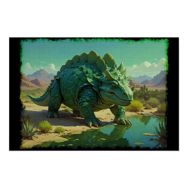 Póster Estegosaurio verde y piscina de desierto (Anverso)