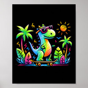 Póster Estética Kidcore Dinosaurio Skateboarding Doodle A