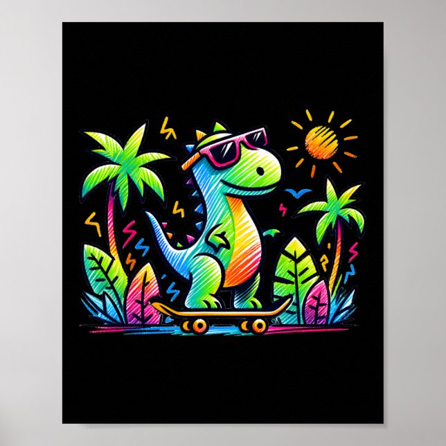 Póster Estética Kidcore Dinosaurio Skateboarding Doodle A (Frente)