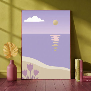Póster Estética minimalista paisaje atardecer playa púrpu