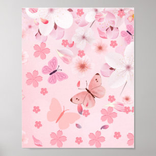 Póster Estético de Flor de Cerezo y Mariposa Flora