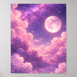 Póster Estético de Galaxia Luna Morado Rosa 20x25 