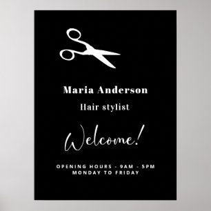Póster Estilista de cabello negro blanco horario de apert