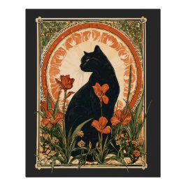 Póster Estilo Alphonse Mucha Arte Gato Negro Modernista