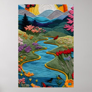 Póster Estilo Bordado Valle del Río Colorido Vibrante