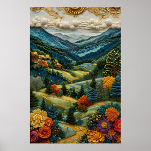 Póster Estilo Bordado Valle Montañoso Floral Vibrante