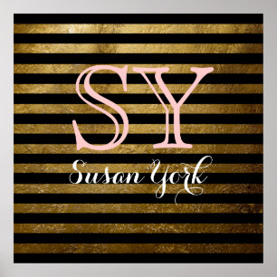 Póster estilo de moda monograma rayas doradas negras