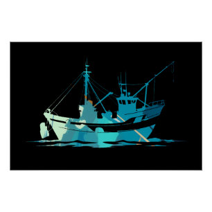 Póster Estilo de silueta de Ilustracion de pesca en barco