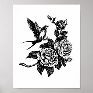 Póster Estilo de tatuaje de pájaro y rosa