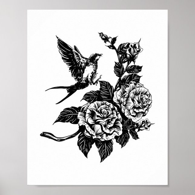 Póster Estilo de tatuaje de pájaro y rosa (Frente)