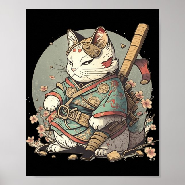 Póster Estilo Gato Kawaii Samurai Anime Kitten Japonés (Frente)