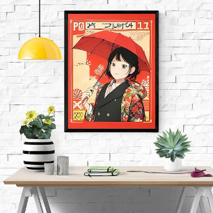 Póster Estilo japonés clásico - Chica con paraguas rojos
