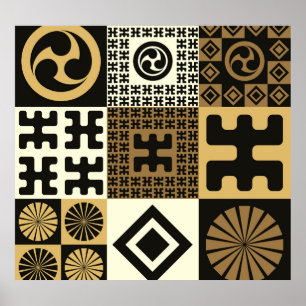 Póster Estilo japonés, patrones de oro negro sin costura.