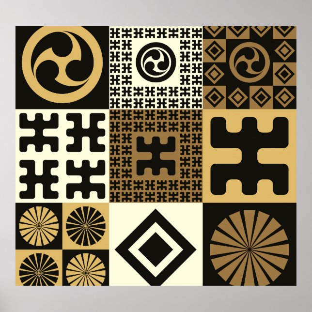 Póster Estilo japonés, patrones de oro negro sin costura. (Frente)