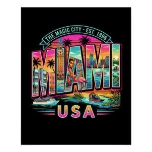 Póster Estilo Miami Neon Retro Vintage Playa Art Deco EEU