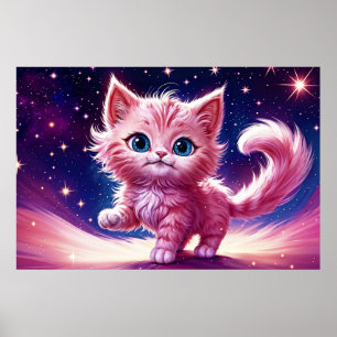 Póster Estilo moderno felino rosado de gato cósmico