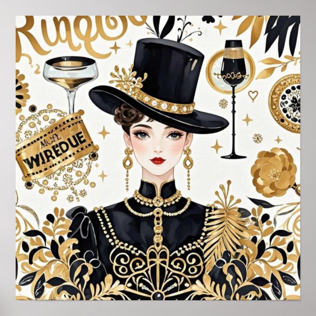 Póster Estilo Moulin Rouge, negro y dorado, Lujo opulento (Frente)