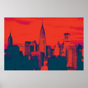 Póster Estilo retro azul rojo punteado Pop Art Nueva York