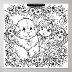 Póster Estilo vintage cachorro y flores enredaderas