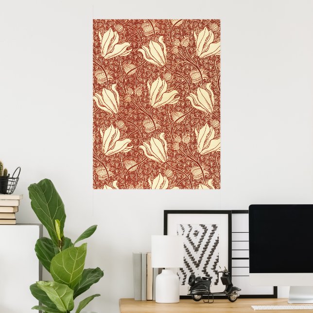 Póster Estilo William Morris Patrón Floral de Lirio Rojo (Oficina en casa)