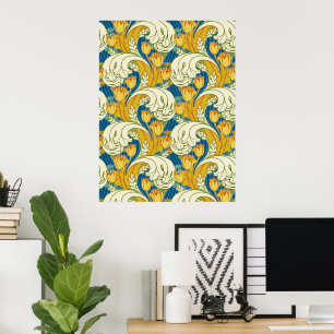Póster Estilo William Morris Tulipán Floral Teal y Dorado
