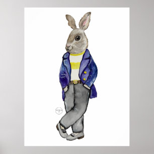 Póster Estiloso dibujo a mano de conejo acuarela