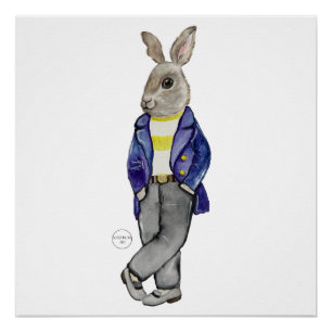 Póster Estiloso dibujo a mano de conejo acuarela