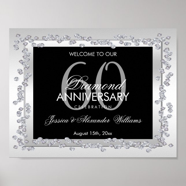 Póster Estilosos diamantes plateados 60 años Boda (Frente)
