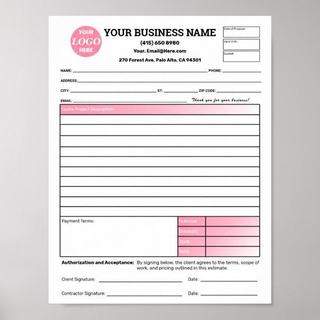 Póster Estimate Quote Job Proposal Forms Contractor Green (Frente)