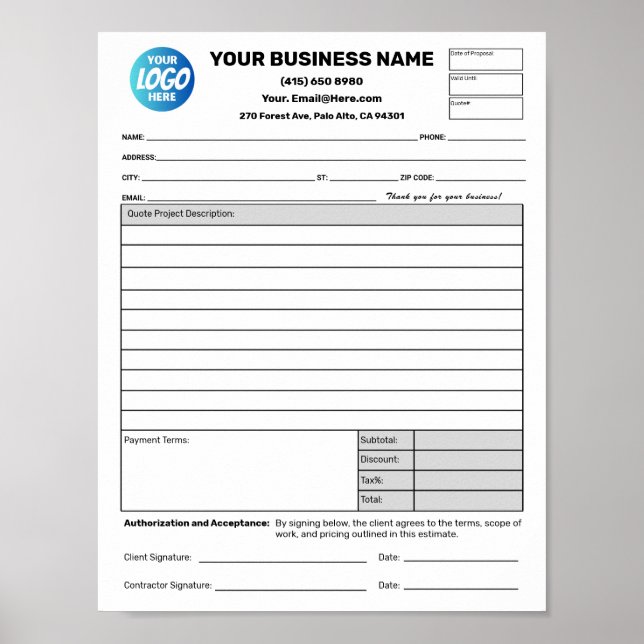 Póster Estimate Quote Job Proposal Forms Downloadable (Frente)
