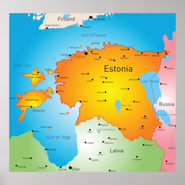 Póster Estonia Map Baltic Country and Cities (Frente)