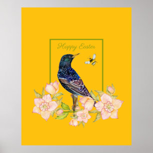 Póster Estornino Europeo Pájaro Acuarela