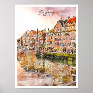 Póster Estrasburgo Francia vintage acuarela de viaje