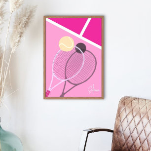 Póster Estrella de cancha dura de tenis retro rosa Firma