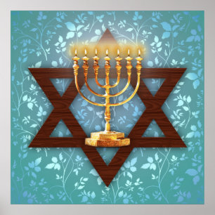 Póster Estrella de David Gold Menorah en Verde azulado ar